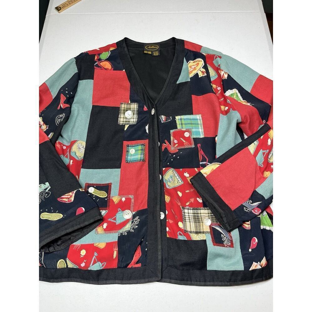 Vintage Allure Patch Work Artsy Gardening Button Front Jacket Size Large